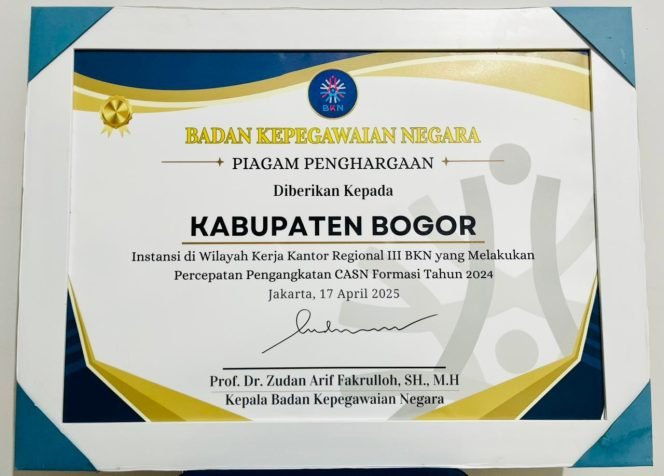 
					Percepatan Pengangkatan CASN 2024, BKPSDM Kabupaten Bogor Raih Penghargaan dari BKN